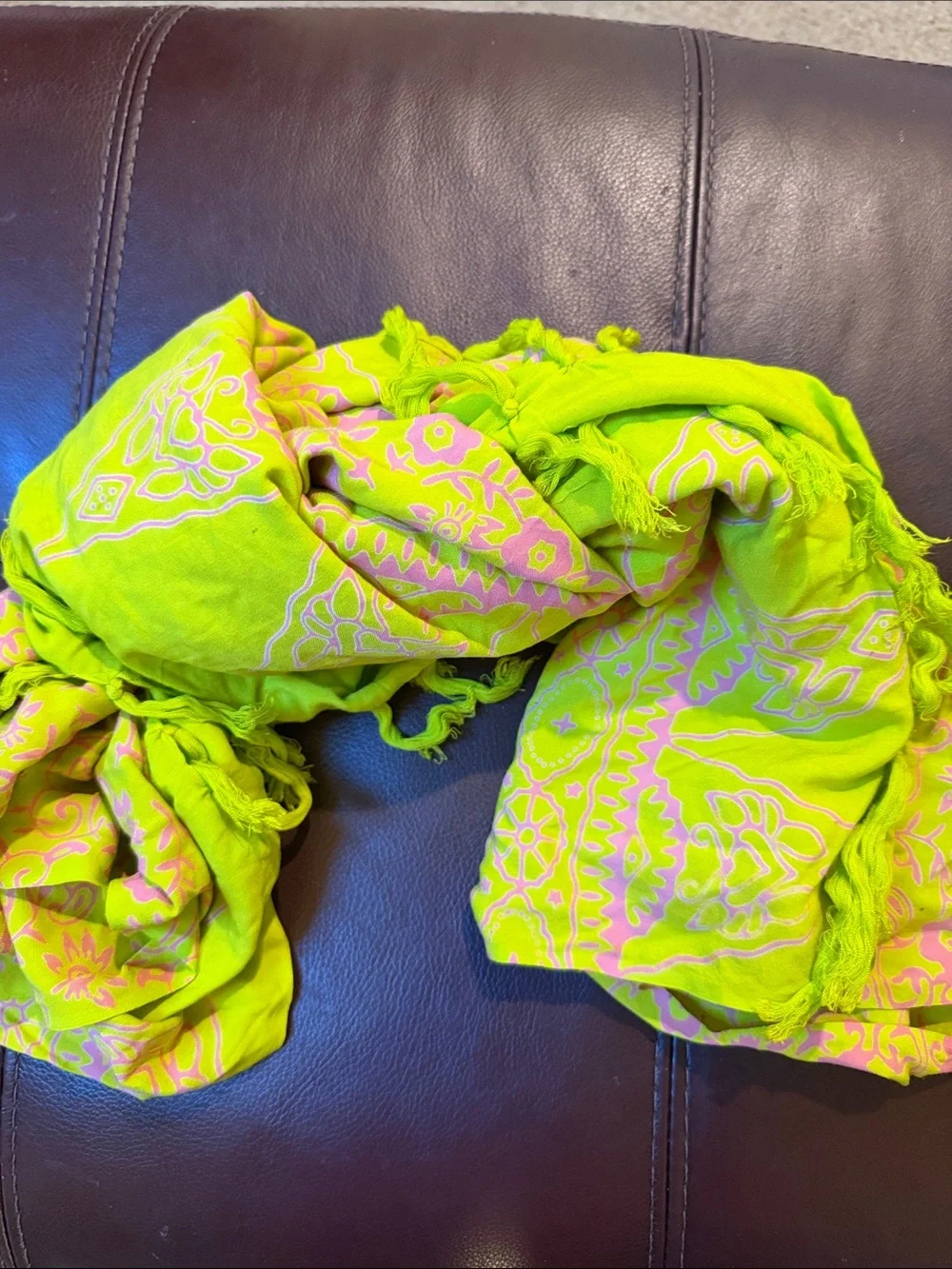 World market Sarong in pink and light chartreuse with long tassels at ends